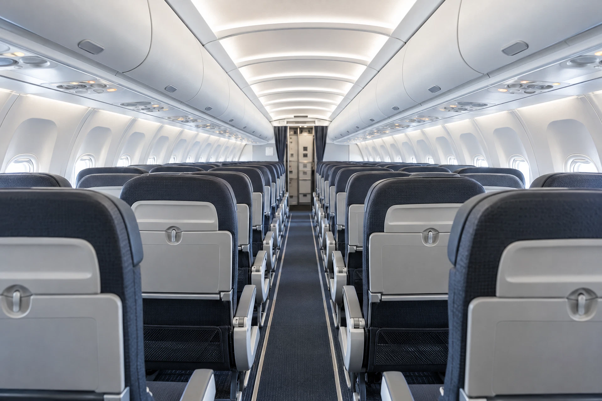 Cleaned commercial passenger aircraft cabin interior