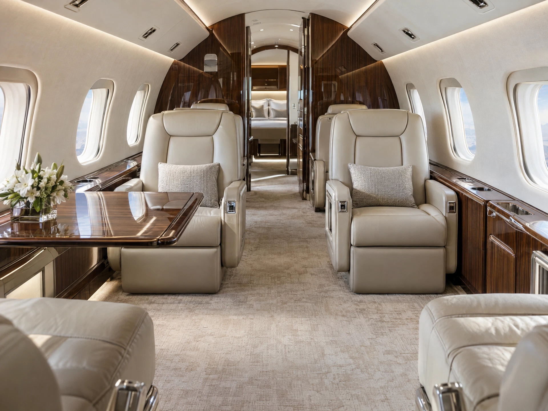Luxury private aircraft cabin interior with leather seats and polished trim
