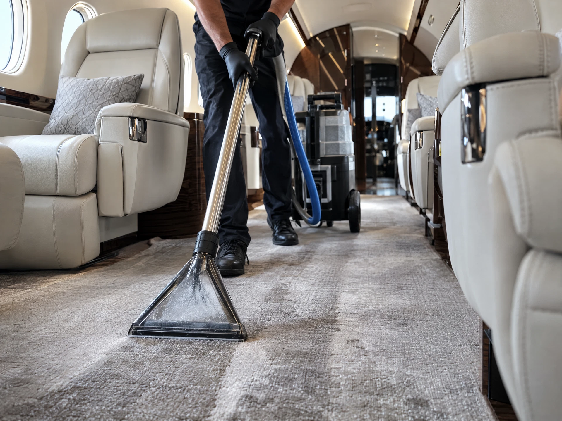 Detailer using carpet extraction equipment inside an aircraft