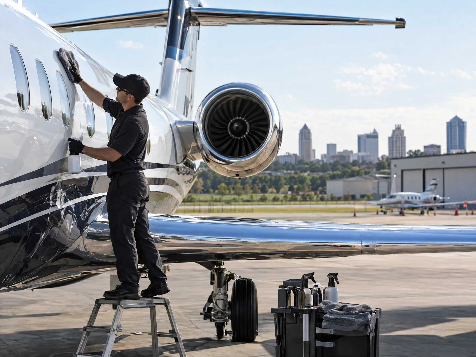 Detailer cleaning the exterior of a private jet on an airport ramp