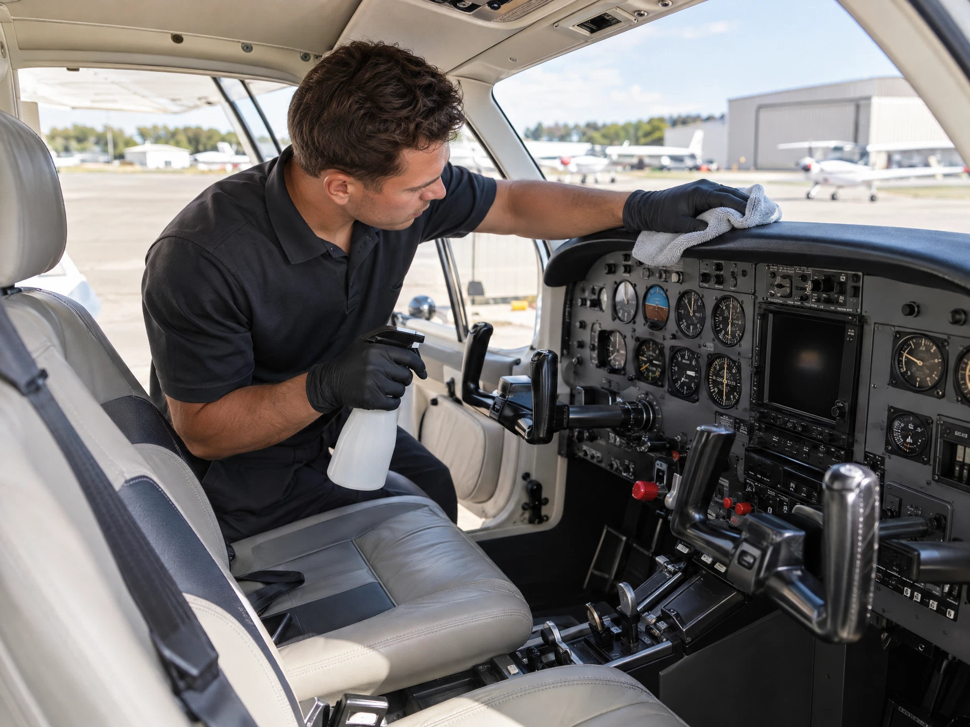 Detailer cleaning the cockpit of a student trainer aircraft