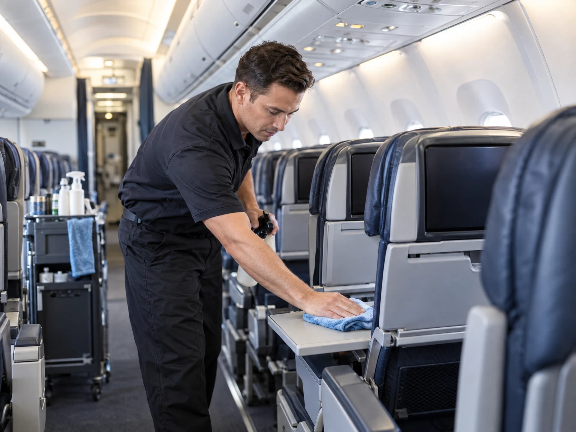 Detailer cleaning the interior of a commercial aircraft cabin