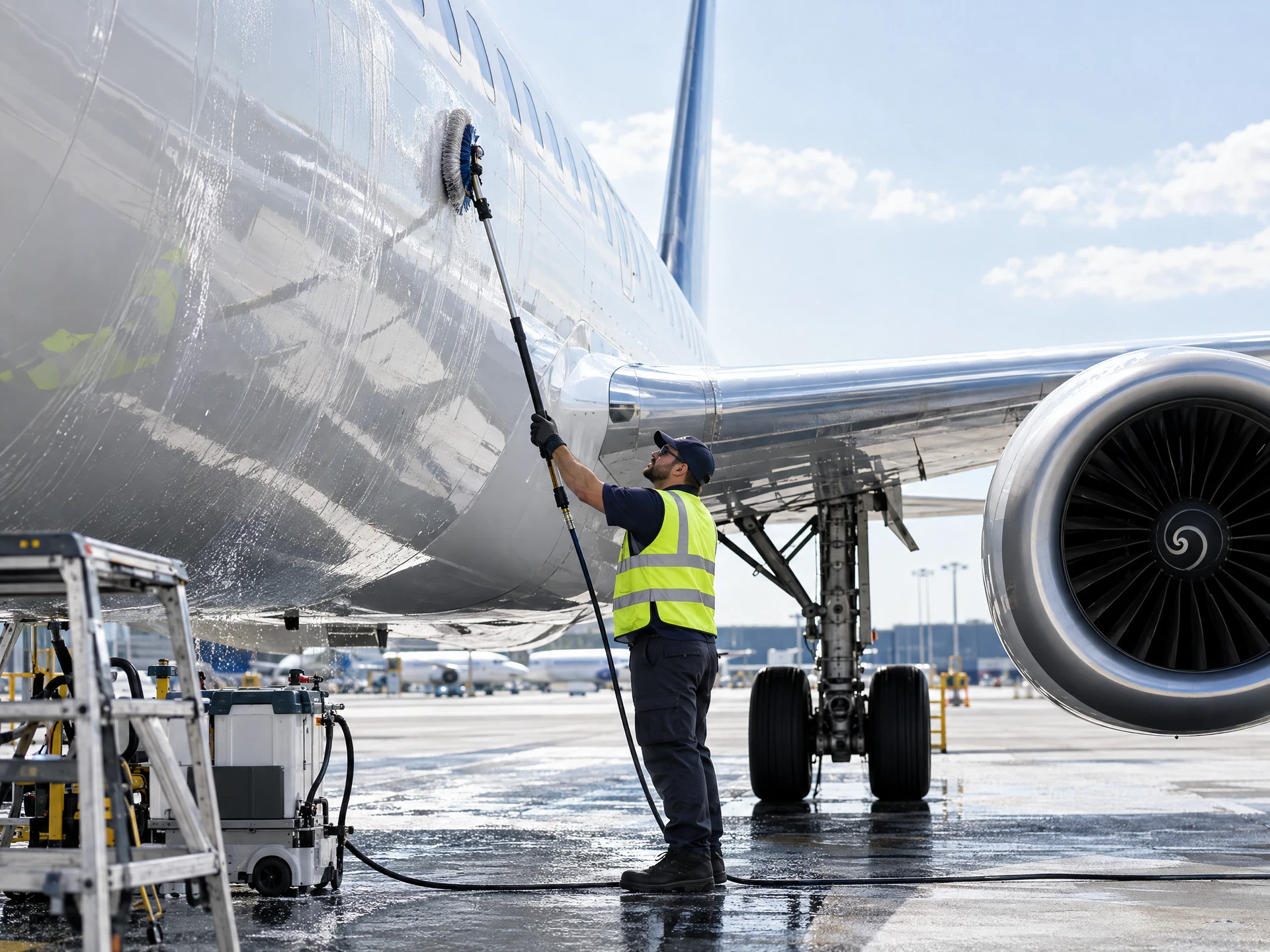 Detailer cleaning the exterior of a commercial passenger aircraft