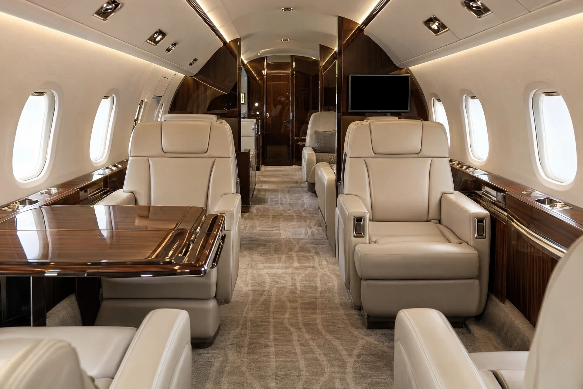 Professionally cleaned Gulfstream private jet cabin photographed from inside with doors closed