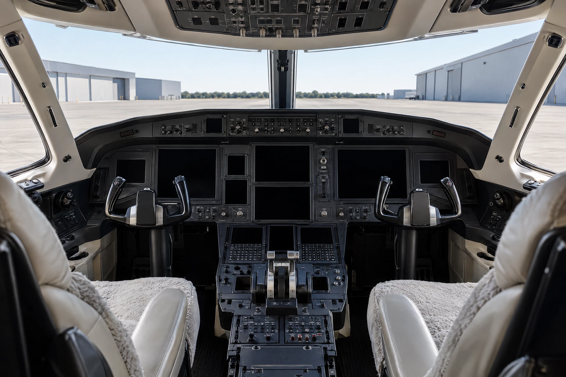 Professionally cleaned private jet cockpit photographed from inside with doors closed